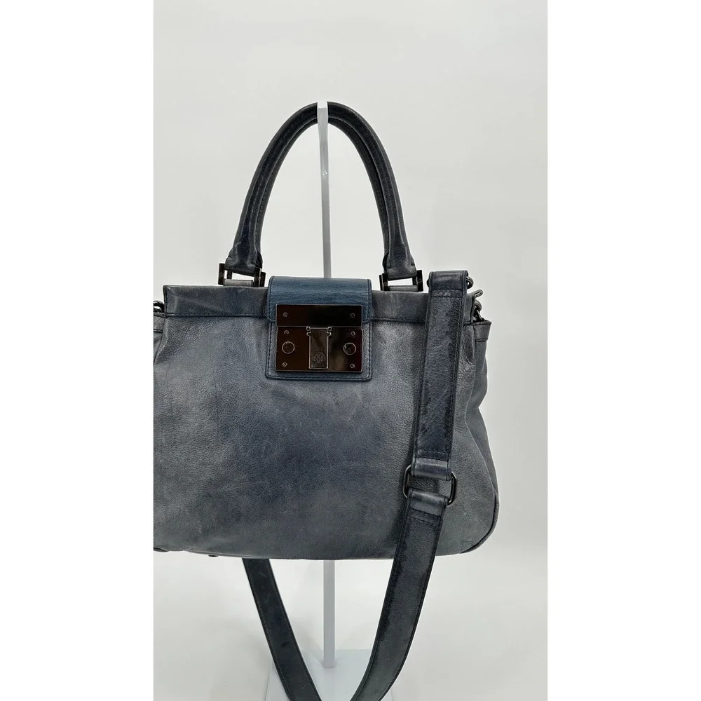 Tory Burch Norah Blue Leather Satchel Crossbody Bag Gunmetal Hardware
